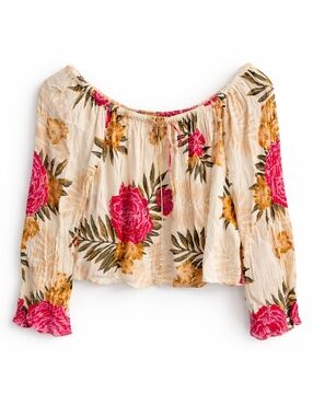 Billabong Cream Off-Shoulder Floral Peasant Blouse with Pink and Mustard Blooms